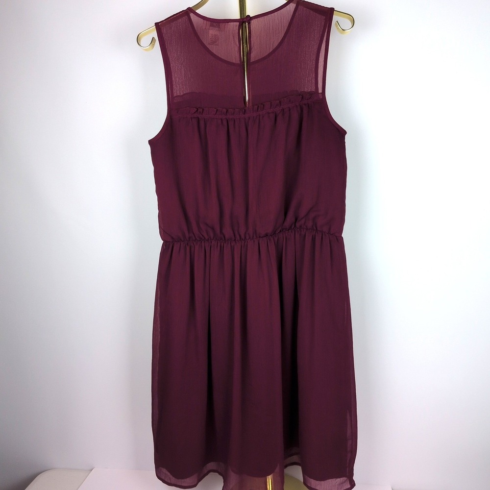 LOFT Women 8 Dress Burgundy Illusion Yoke Blouson Elastic Waist Chiffon Cocktail